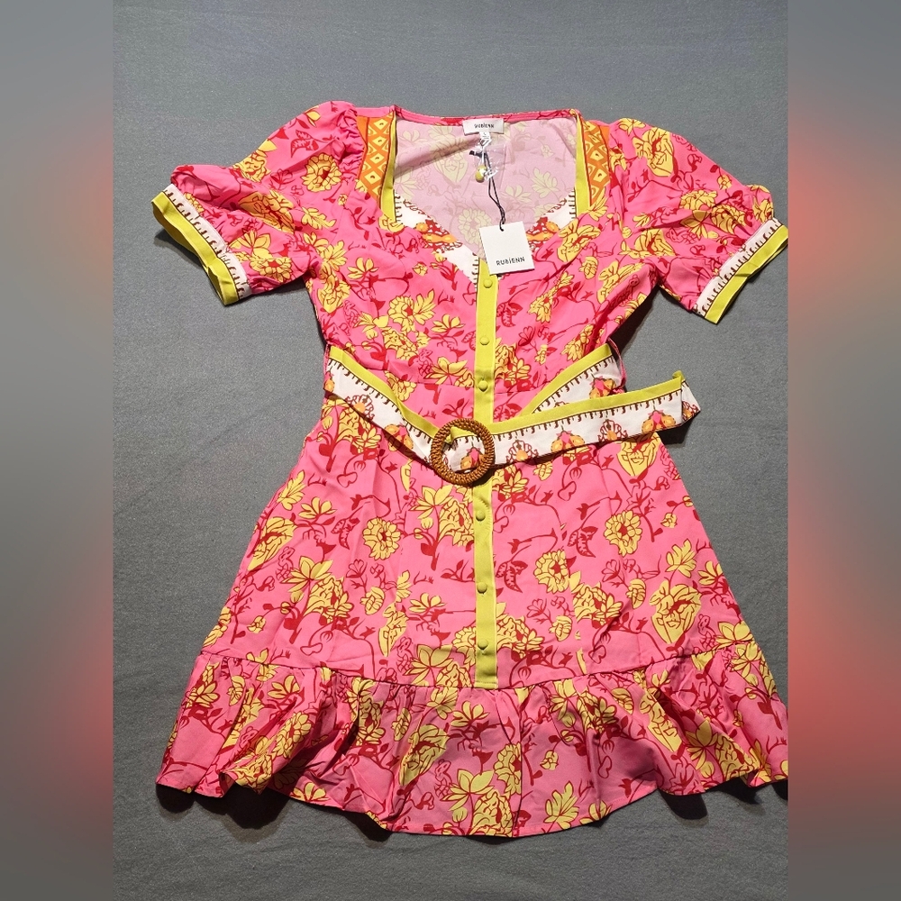 NWT Rubienn Boutique Vibrant Pink and Yellow Dress S/M/L - Picture 2 of 14